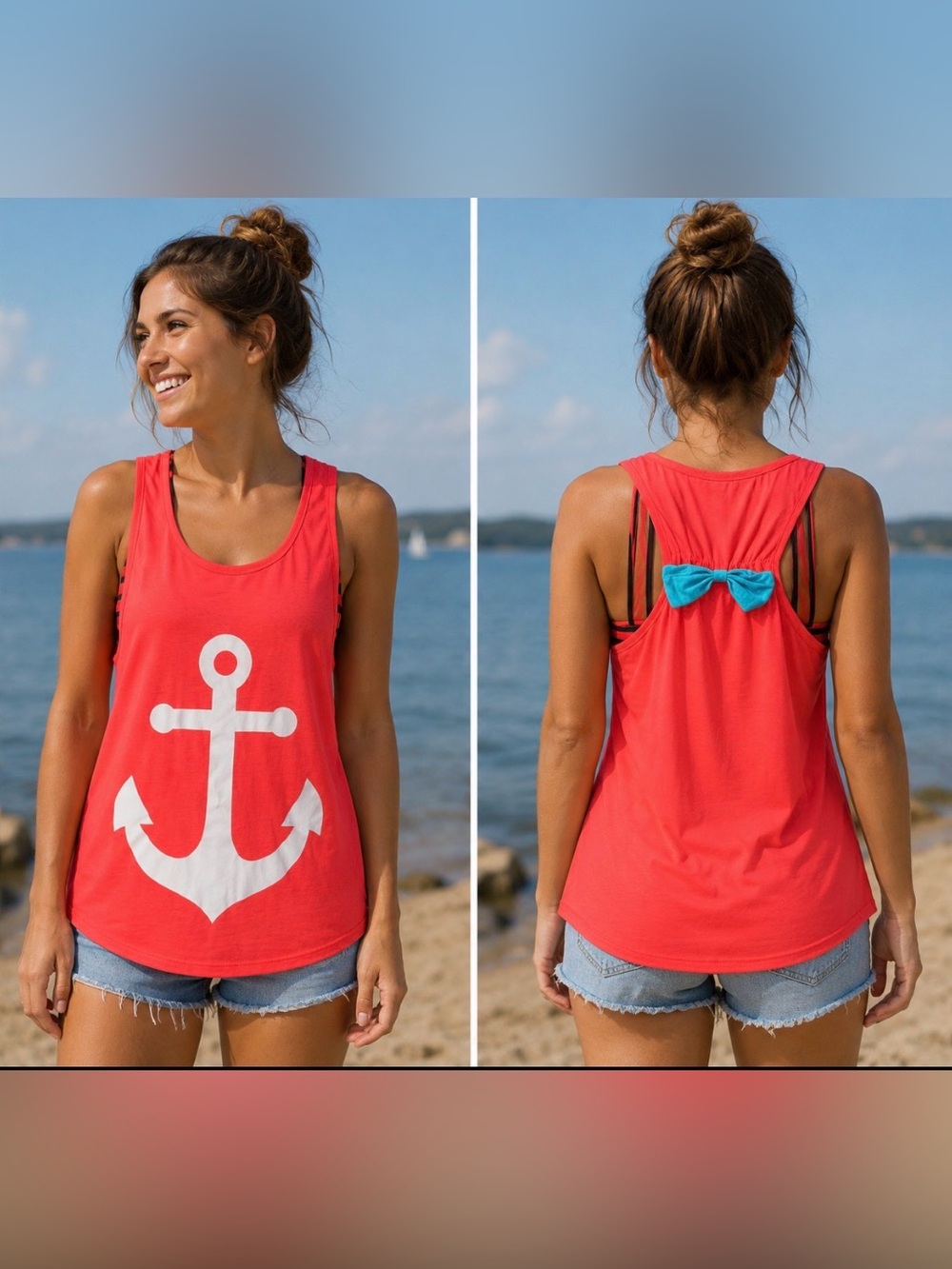 Cute coral color tank with blue bow in back size medium